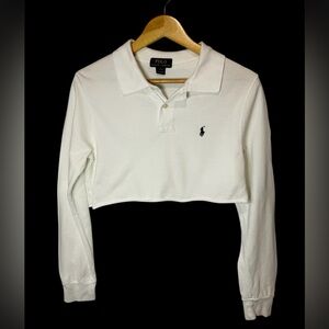 Polo Ralph Lauren White Cropped Long Sleeve Shirt Top Logo Junior Large 14/16